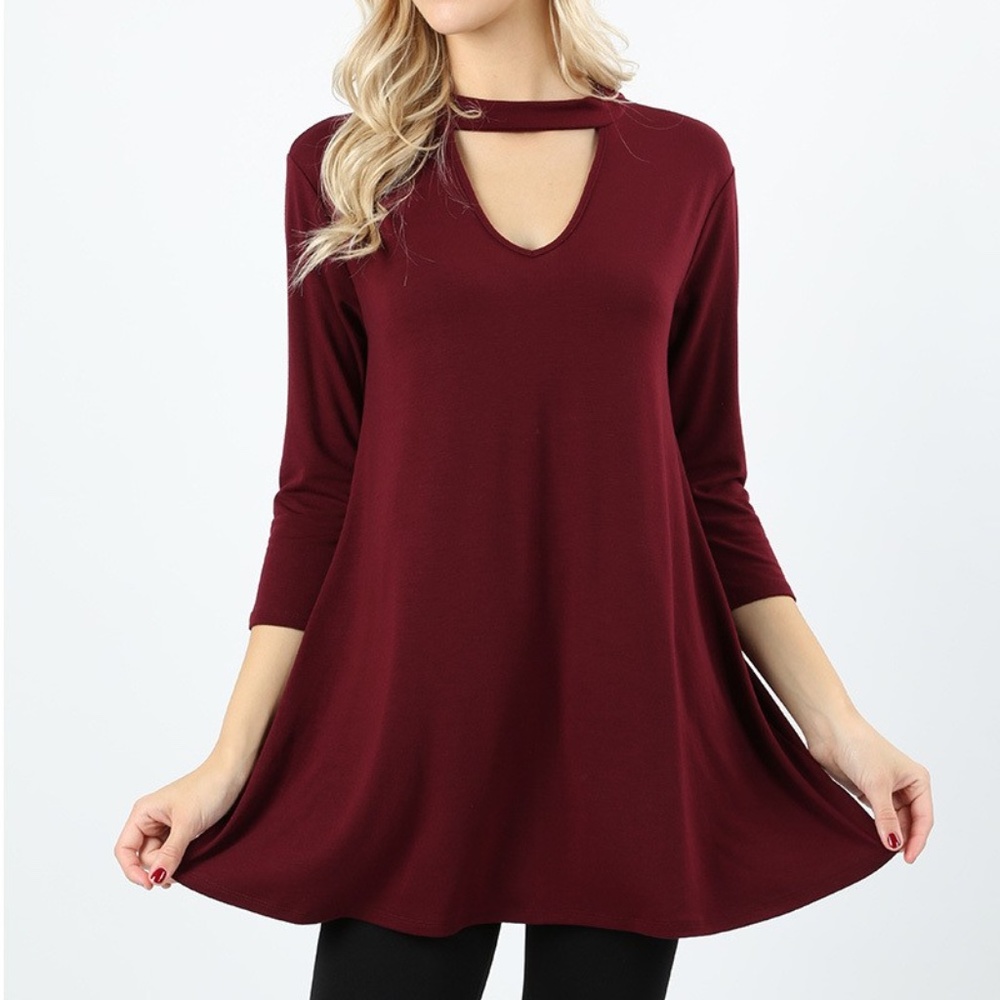 Wine Colored Choker Neck Top with 3/4 Sleeves and Side Pockets